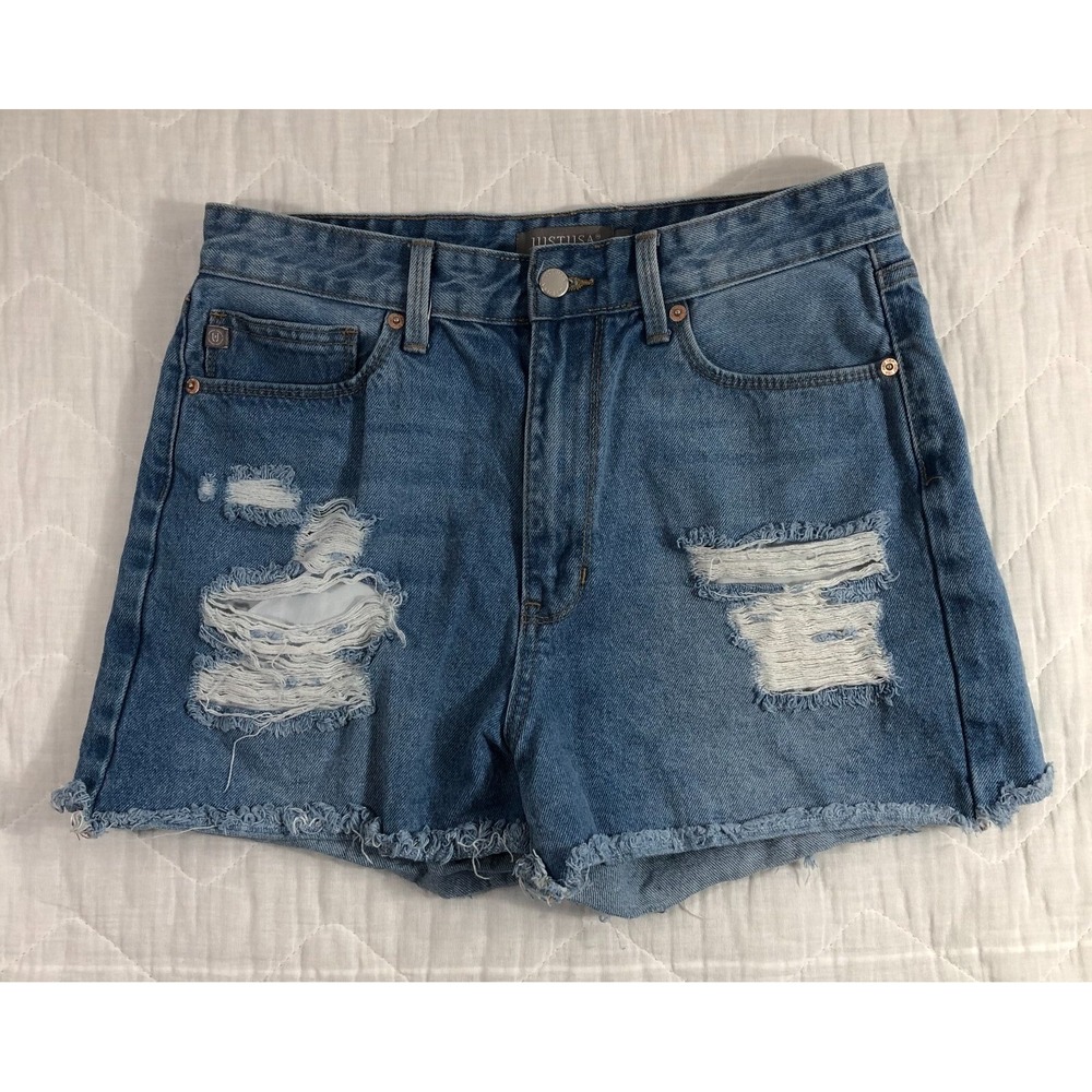 JUSTUSA Jean Shorts Women Large Denim Blue High Rise Raw Hem Distressed Grunge